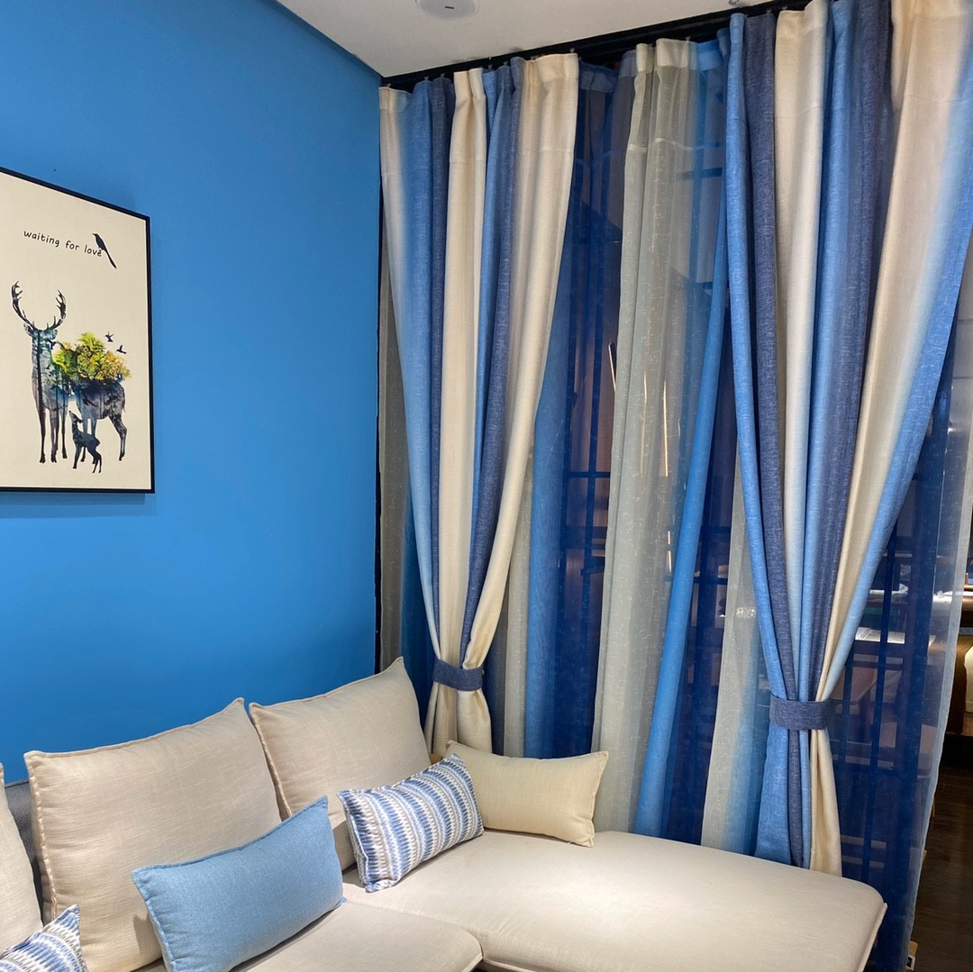 地中海浅蓝色窗帘 清新渐变色竖纹条纹 客厅卧室男孩房遮光棉麻布