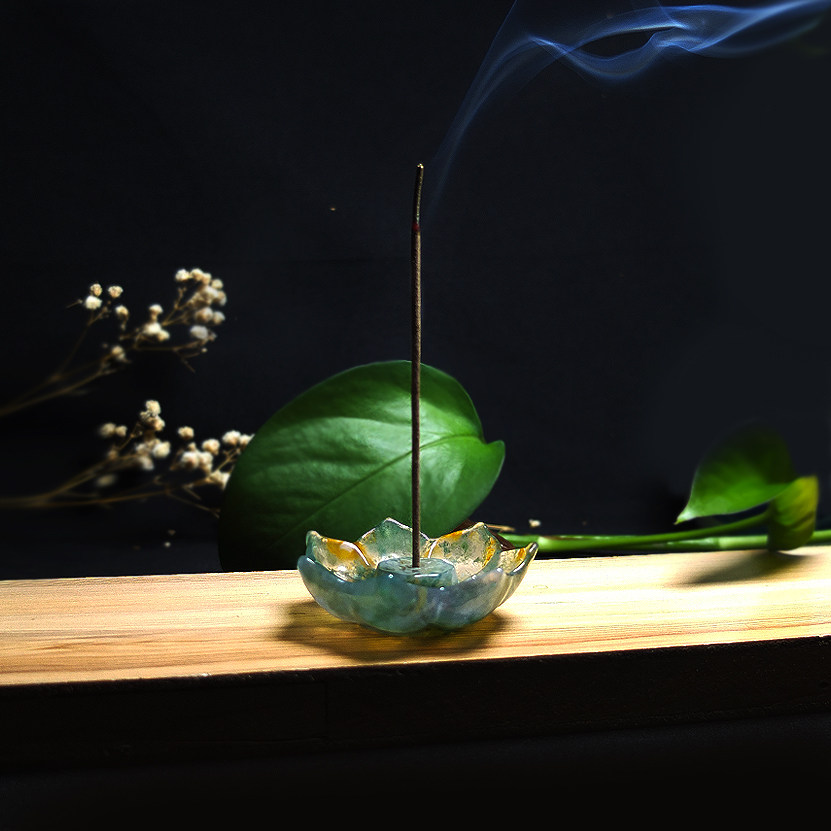 沛孚天然绿色水草玛瑙香插摆件把玩玉髓花草莲花供佛家居香炉天然