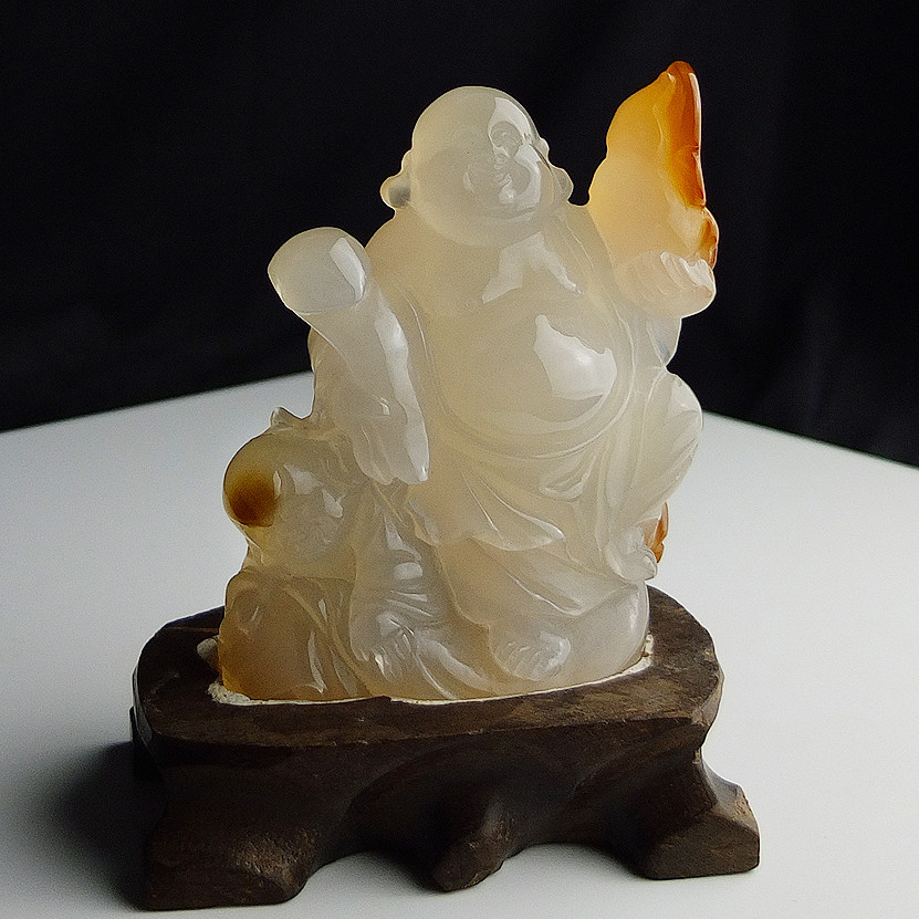 手工巧雕天然原矿玉石弥勒佛摆件原色原皮童子如意佛家居摆件包邮