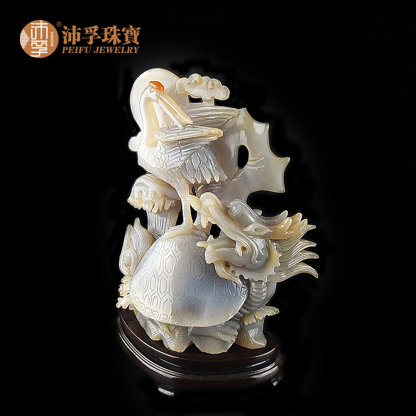 沛孚珠宝新品手工雕刻龟鹤延年玛瑙玉髓摆件龙龟仙鹤镇宅礼品包邮