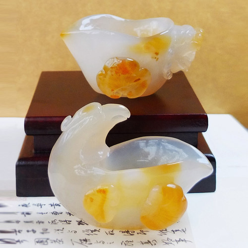 沛孚天然玛瑙玉髓龙凤杯子手工