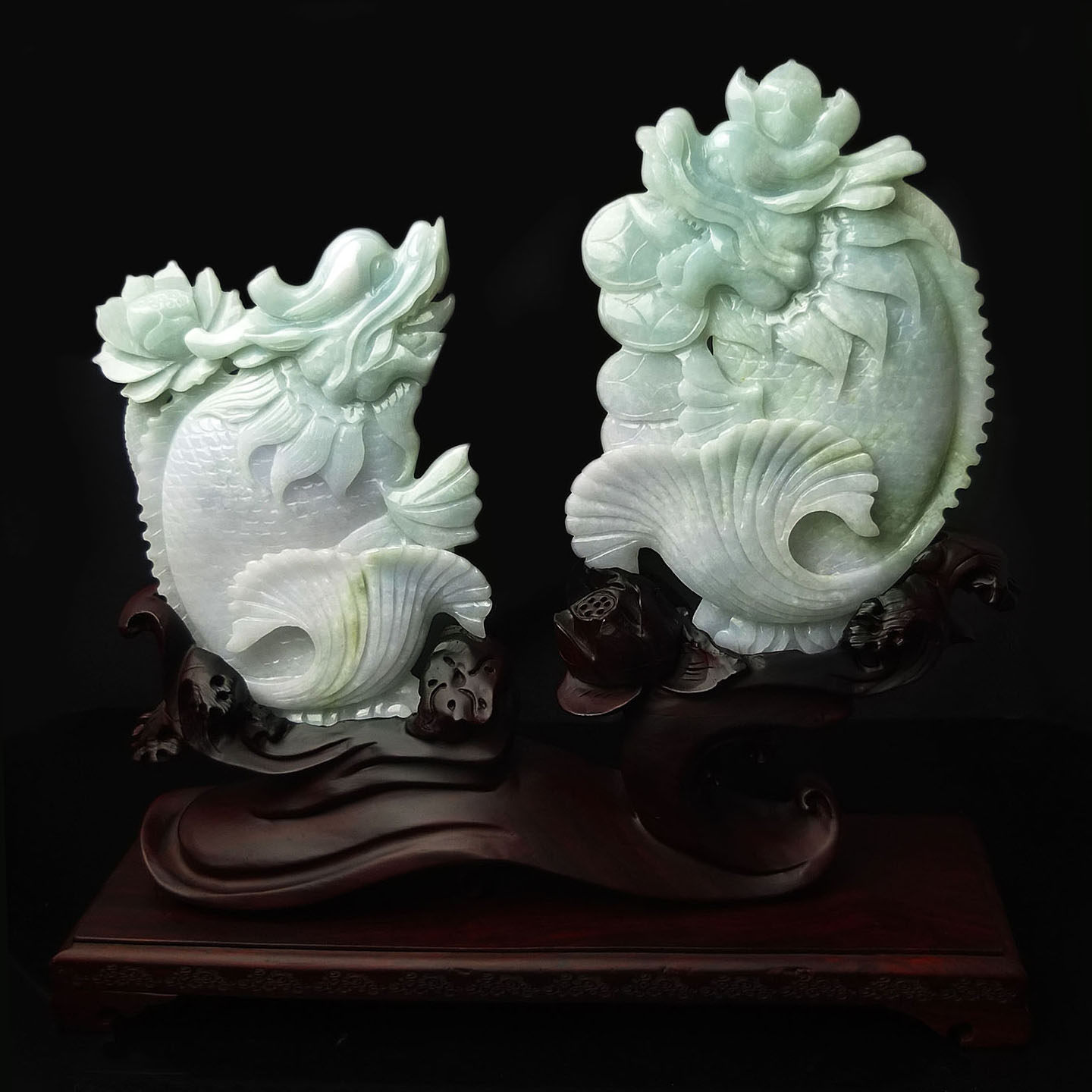 沛孚新品天然缅甸翡翠龙鱼摆件手工巧雕玉石龙头鱼收藏款正品包邮