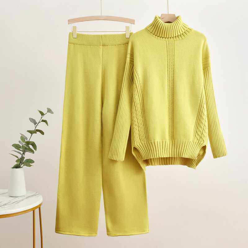 2024新款针织高领毛衣螺纹工艺时尚潮流休闲阔腿裤两件套秋冬套装,女装/女士精品,时尚套装,淘宝优惠券,粉丝福利购,淘宝优惠卷