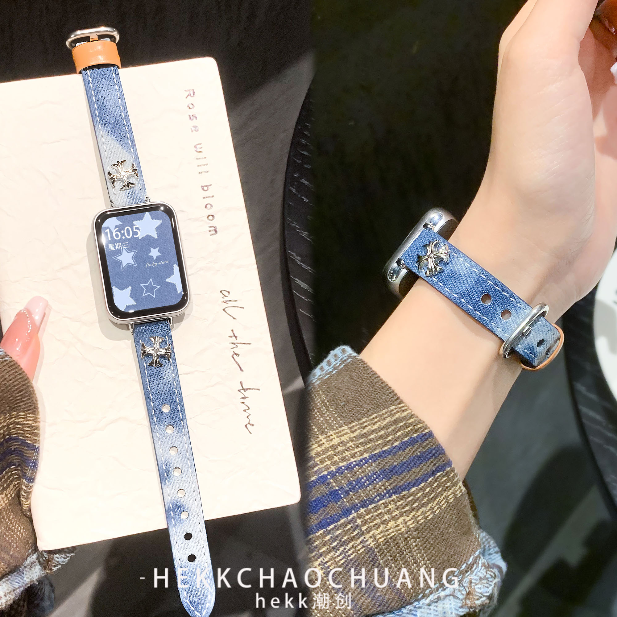 适用小米9pro表带秋冬复古牛仔风