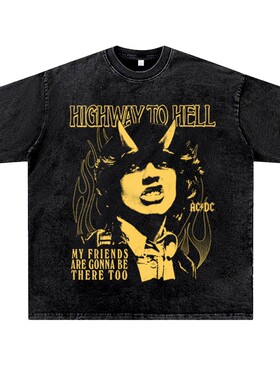 美式复古vintage水洗做旧碳灰ins潮流小众ACDC硬摇滚T恤男女夏季