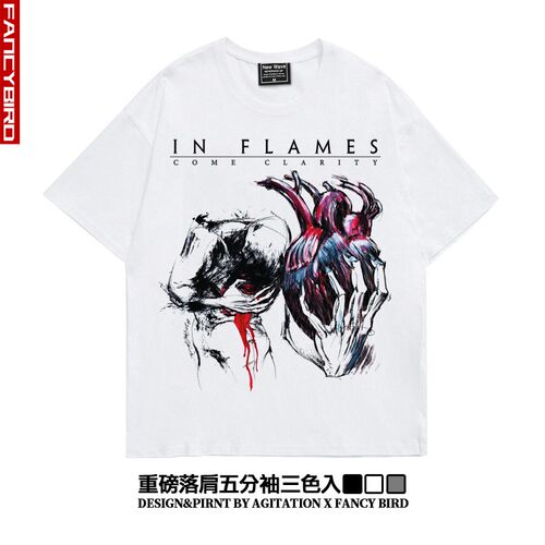 inflames欧美摇滚烈焰潮流街头阿美咔叽重磅落肩五分袖宽松T恤男