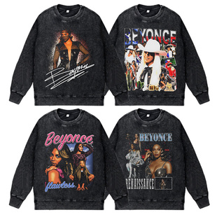 美式 流行歌手复古vintage做旧水洗秋冬圆领套头卫衣碧昂丝Beyonce