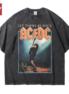 欧美acdc乐队硬摇滚宽松大码做旧水洗重磅纯棉五分短袖T恤男夏季