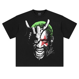 美式潮流印花oversize落肩短袖T恤篮球公牛队罗德曼街头ins