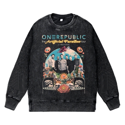 美式复古做旧水洗vintage圆领套头卫衣OneRepublic一体共和乐队