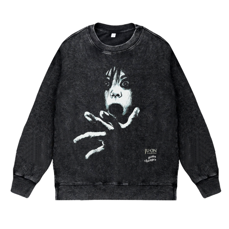 美式复古水洗做旧vintage秋冬圆领套头卫衣恐怖惊悚电影咒怨