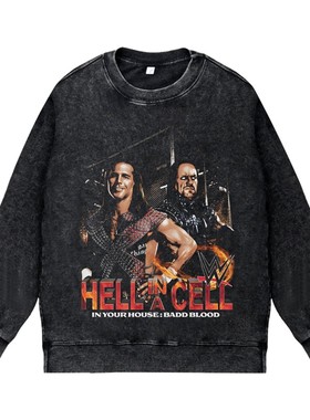 美式水洗做旧vintage宽松圆领套头卫衣WWE BADD BLOOD1997送葬者