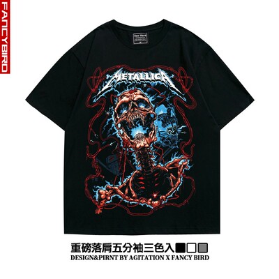 美式摇滚金属metallica街头潮流oversize落肩五分袖重磅宽松T恤男