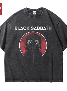 黑色安息日周边印花摇滚乐队做旧水洗重磅宽松纯棉五分短袖T恤男