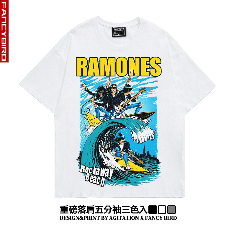 ramones雷蒙斯美式摇滚潮流oversize落肩五分袖宽松重磅T恤男女夏