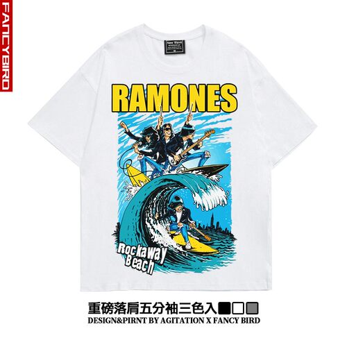 ramones雷蒙斯美式摇滚潮流oversize落肩五分袖宽松重磅T恤男女夏