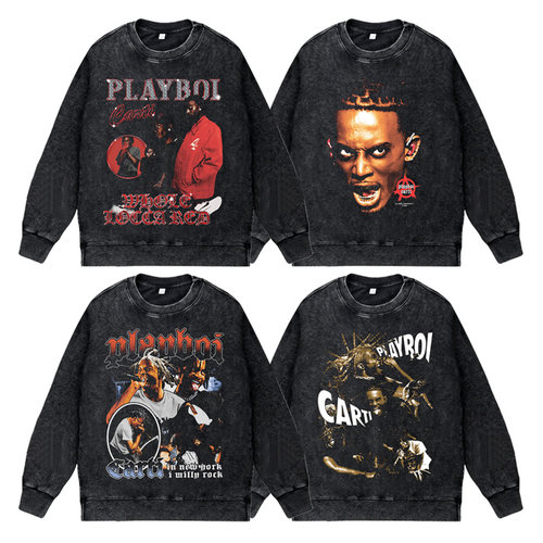 美式说唱嘻哈apper水洗做旧潮流vintage套头圆领卫衣PlayboiCarti