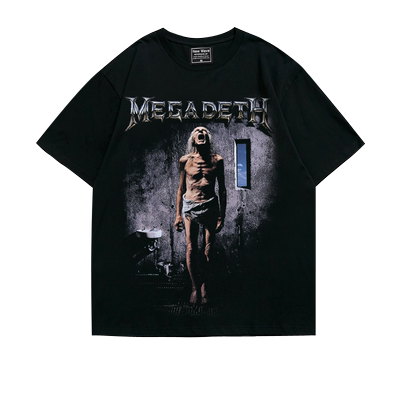megadeth重金属美式潮流街头阿美咔叽重磅落肩五分袖宽松T恤男女
