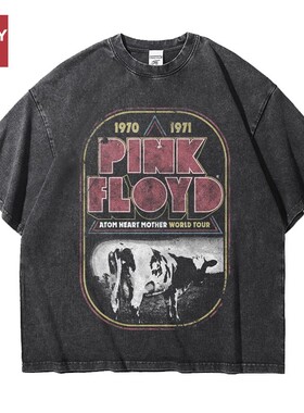平克佛洛依德pinkfloyd欧美宽松做旧水洗重磅纯棉五分短袖T恤男女