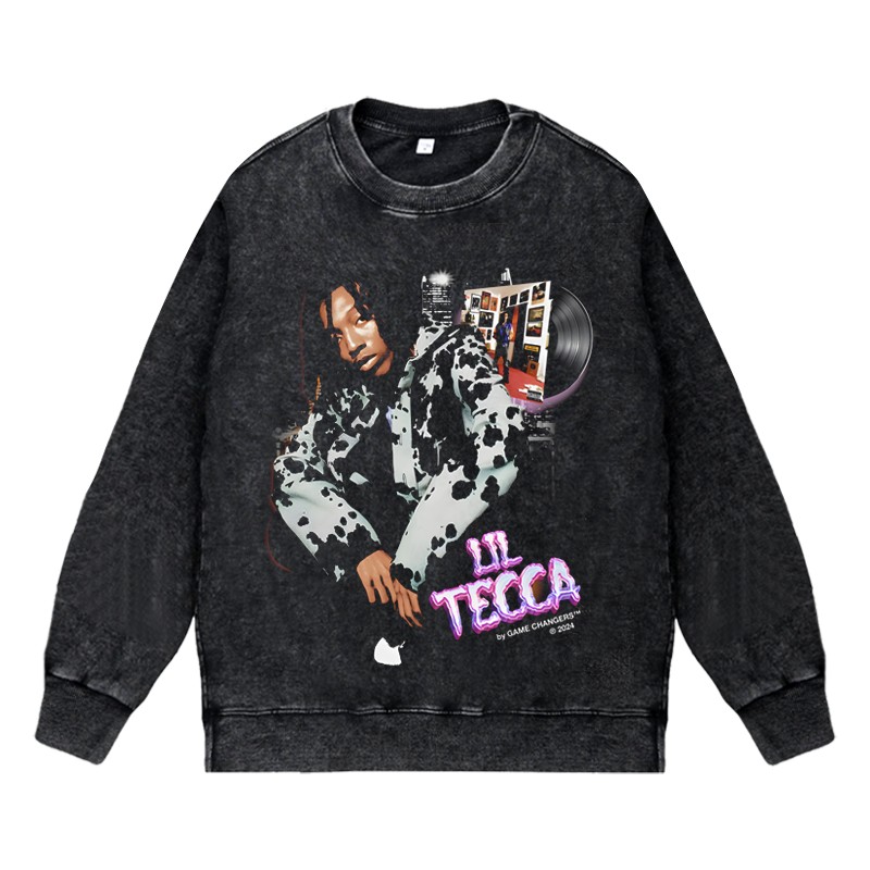 美式说唱嘻哈潮流apper水洗做旧印花vintage套头圆领衣lil tecca