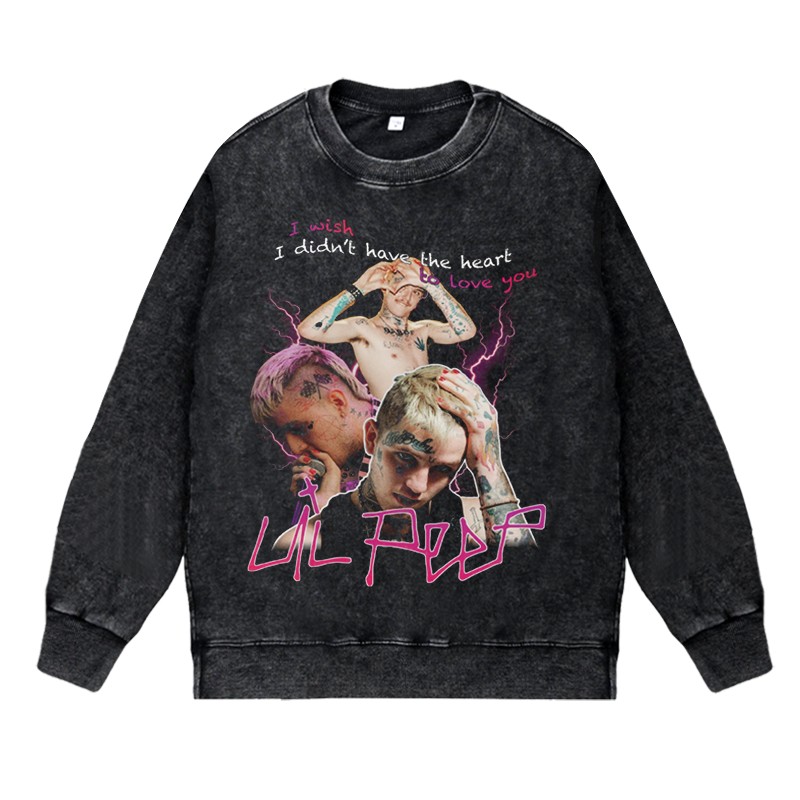 美式说唱嘻哈apper水洗做旧vintage套头圆领卫衣lilpeep利尔皮普