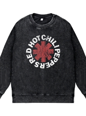 美式复古做旧水洗vintage圆领无帽套头卫衣rhcp红辣椒乐队摇滚男