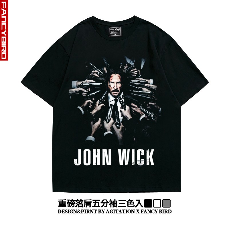 疾速追杀基努里维斯男生短半袖T恤潮流宽松纯棉男落肩袖潮牌印花