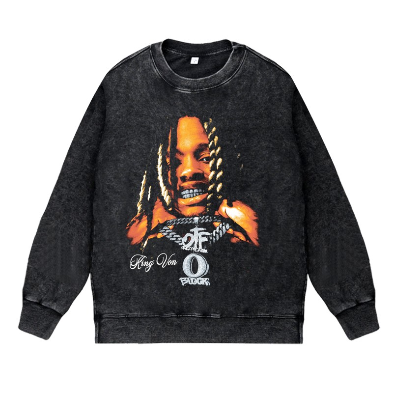 美式说唱嘻哈潮流apper水洗做旧vintage秋冬套头圆领卫衣kingvon