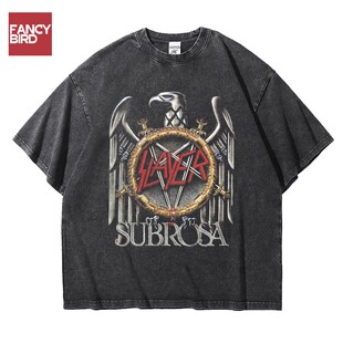 欧美摇滚金属杀手Slayer乐队重磅大码宽松水洗纯棉五分短袖T恤男