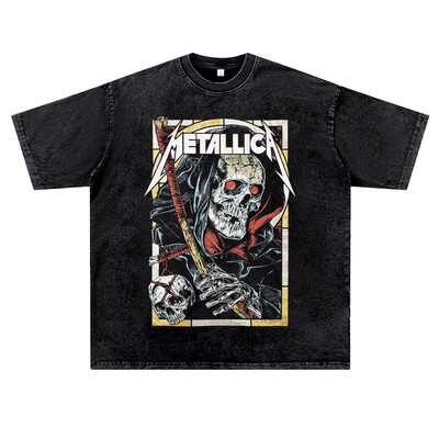 美式复古vintage水洗做旧metallica潮流音乐节摇滚金属乐队T恤男