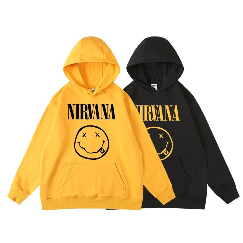 秋冬摇滚涅槃柯特科本nirvana笑脸印花周边连帽套头卫衣帽衫男