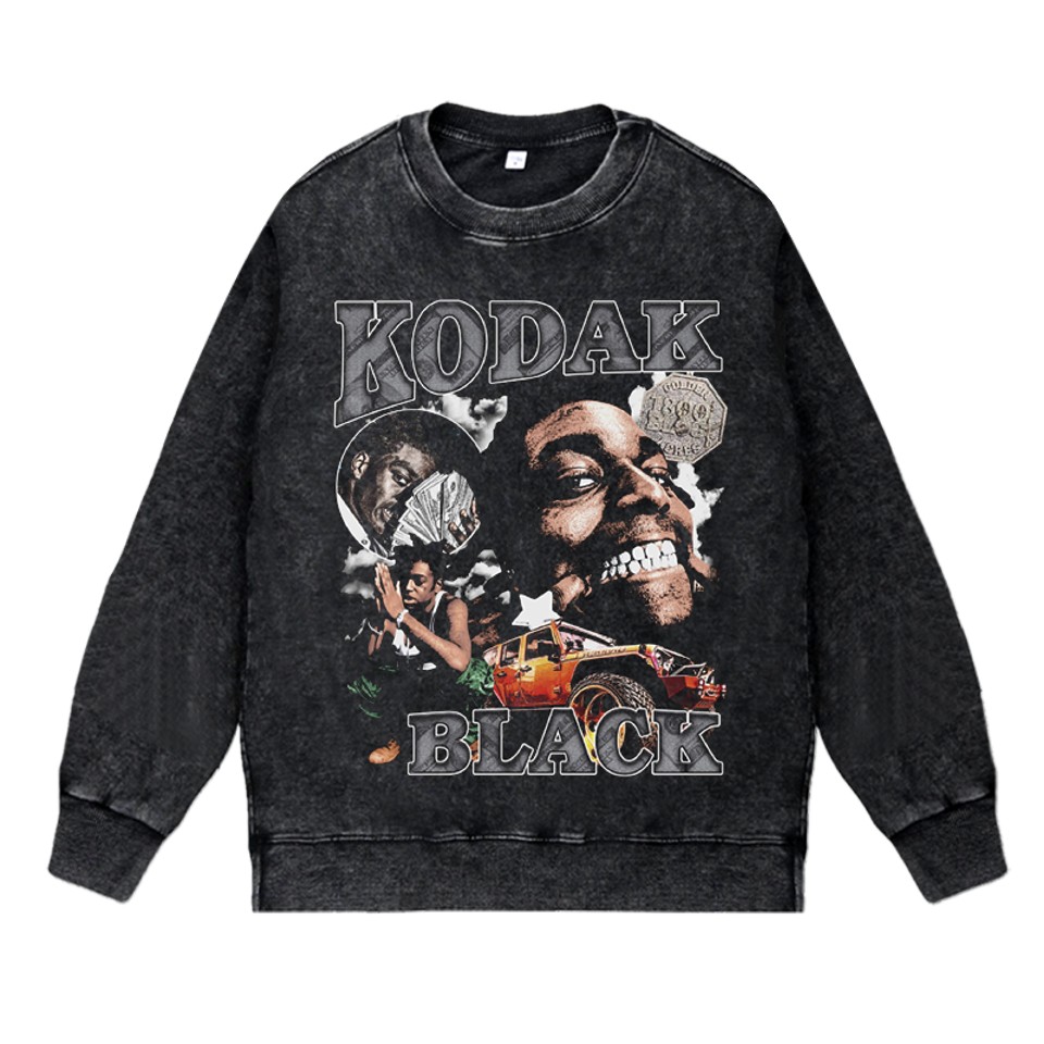 美式说唱嘻哈潮流apper水洗做旧vintage秋套头圆领卫衣kodakblack