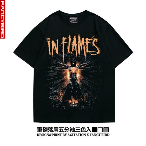 inflames烈焰欧美摇滚潮流街头阿美咔叽重磅落肩五分袖宽松T恤男