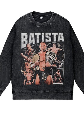 美式复古vintage高街潮流WWE职业摔跤巴蒂斯塔宽松圆领套头卫衣男