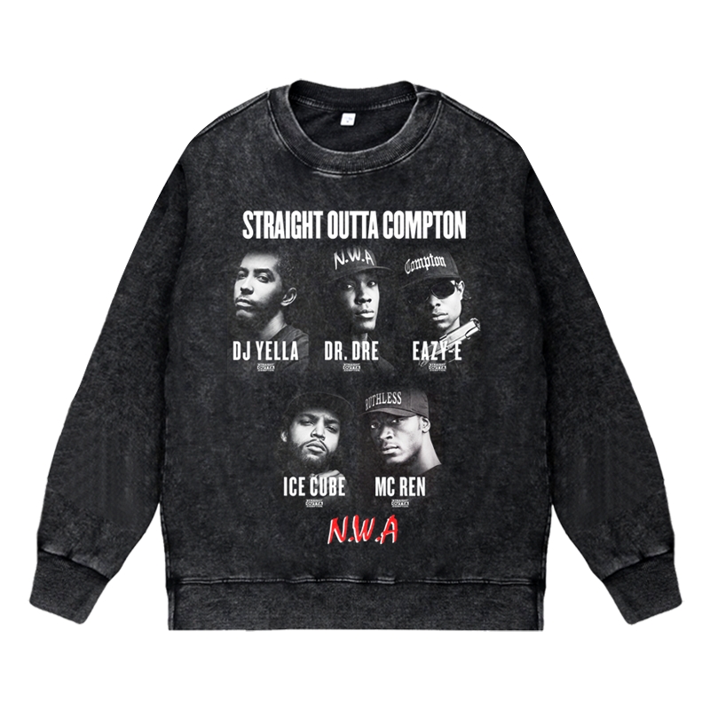 美式说唱嘻哈复古做旧水洗vintage圆领套头卫衣NWA康普顿rapper