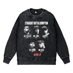 美式说唱嘻哈复古做旧水洗vintage圆领套头卫衣NWA康普顿rapper