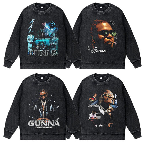 美式说唱嘻哈rapper水洗做旧印花vintage秋冬套头圆领卫衣男gunna
