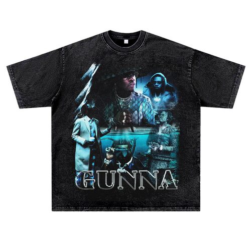 美式复古水洗做旧说唱嘻哈rapper厂牌gunna潮流短半袖T恤夏季