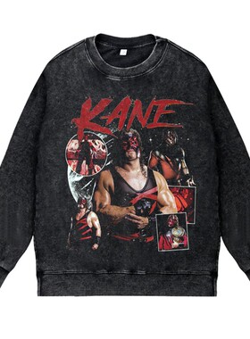 美式复古vintage高街潮流WWE职业摔跤凯恩红色杀人机器圆领套头衣