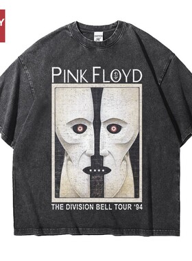 pinkfloyd平克佛洛依德欧美宽松做旧水洗重磅纯棉五分短袖T恤男女
