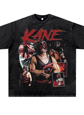 美式复古vintage高街潮流WWE职业摔跤凯恩红色杀人机器短半袖T恤