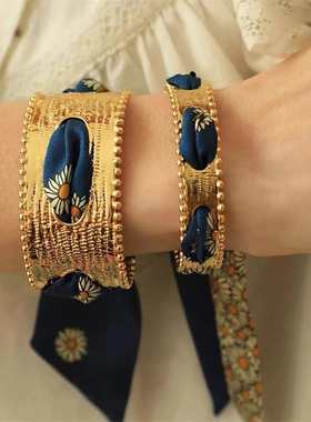 法式复古彩色丝巾手镯哑光金色