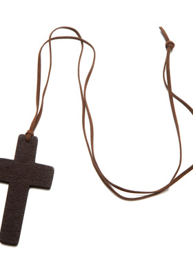 简约百搭皮绳木头十字架项链 绒绳毛衣链