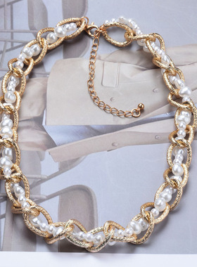 多层珍珠链条拼接项链