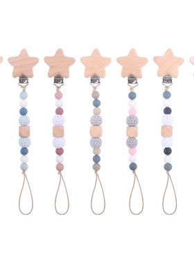 婴幼儿用品星星榉木奶嘴夹宝宝创意木八角咬咬硅胶磨牙防掉链