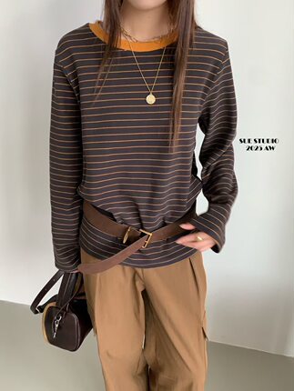 SUE STUDIO复古撞色圆领宽松条纹内搭长袖T恤常规款落肩袖针织衫