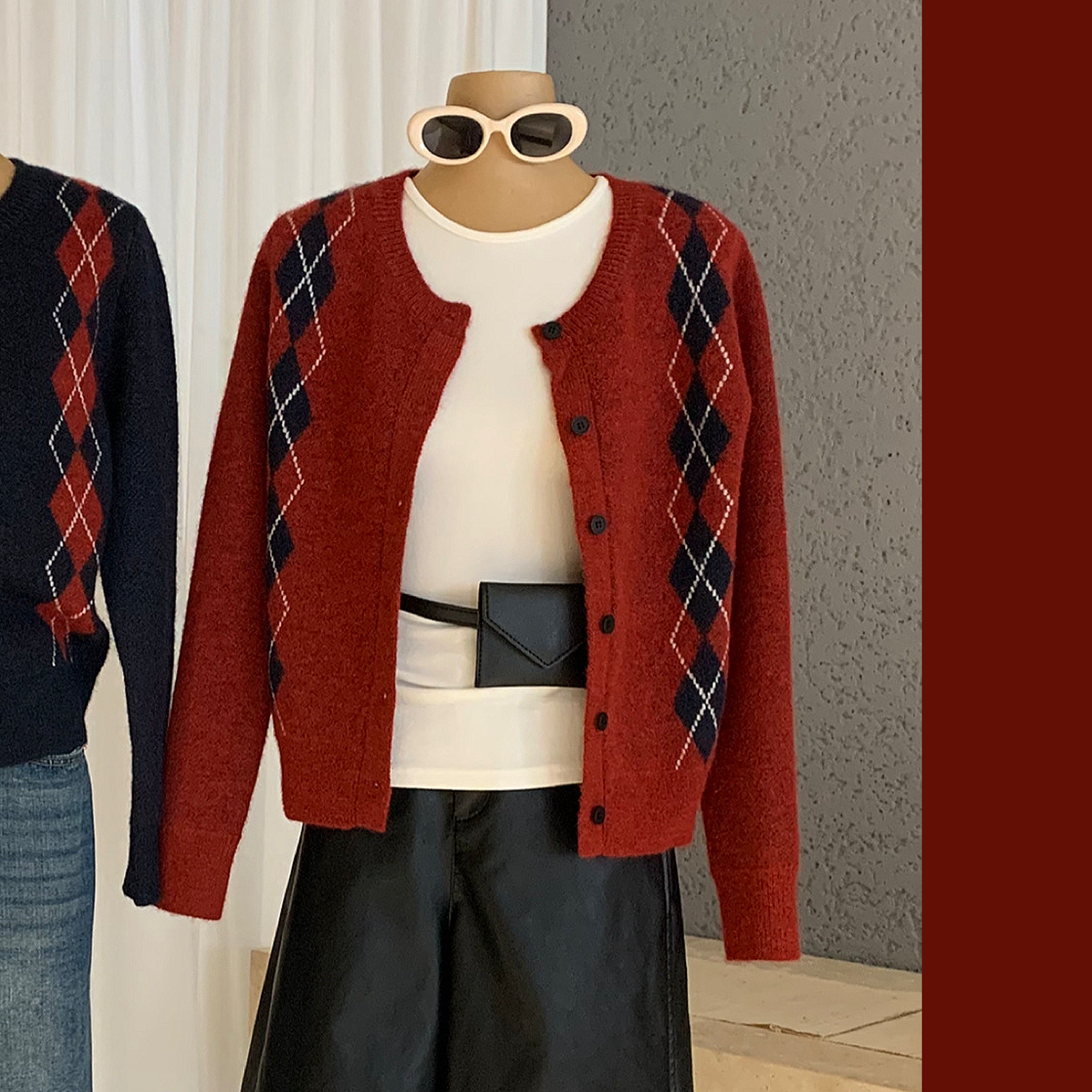 圣诞穿搭复古针织开衫女菱格提花红色慵懒风毛衣修身显瘦上衣外套