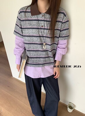 2025秋十三行宽松显瘦拼接条纹衬衫女小众长袖衬衣假两件上衣卫衣