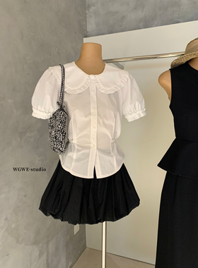 ISISLOVE白色纯棉短袖衬衫女夏款花边娃娃领短款法式别致收腰上衣