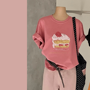 T恤女 WGWE粉色甜妹上衣Tee可爱草莓蛋糕印花圆领短袖 2026夏季 新款